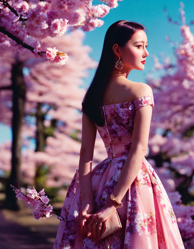 Woman in floral gown under cherry blossoms with serene expression