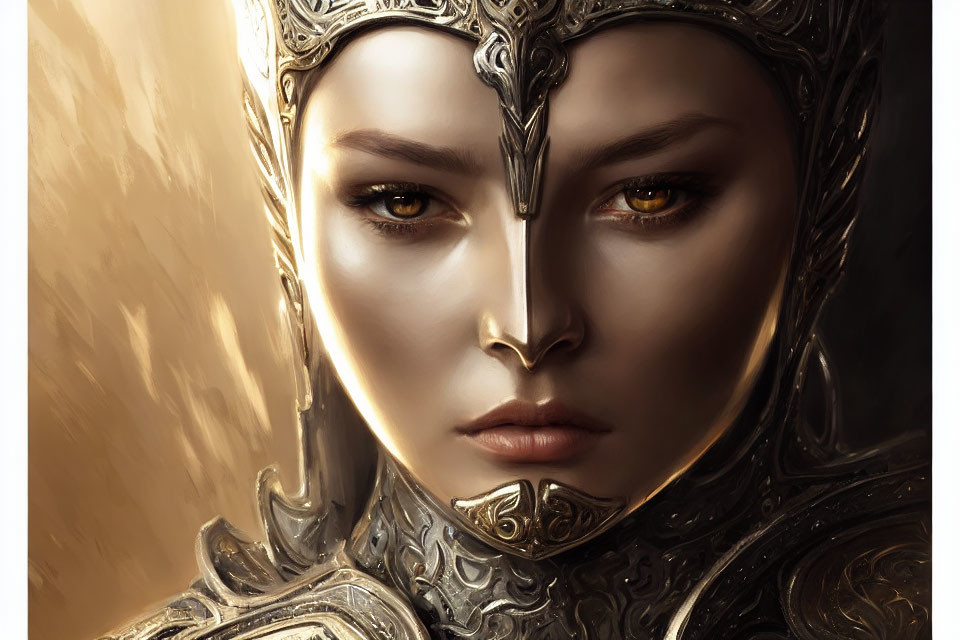 Detailed Close-Up of Female Warrior in Silver Armor and Helmet
