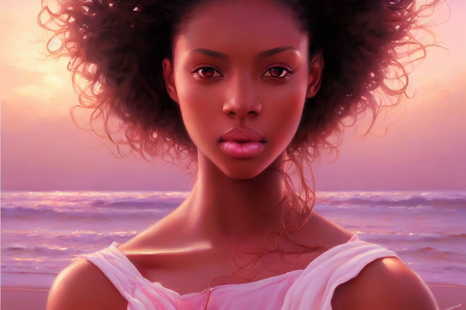 Curly-haired woman portrait at pink beach sunset