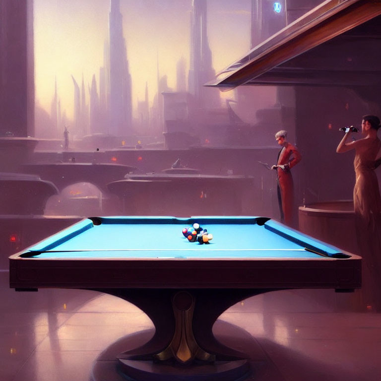 Blue pool table in futuristic setting with player ready to break and observer in red suit, cityscape backdrop