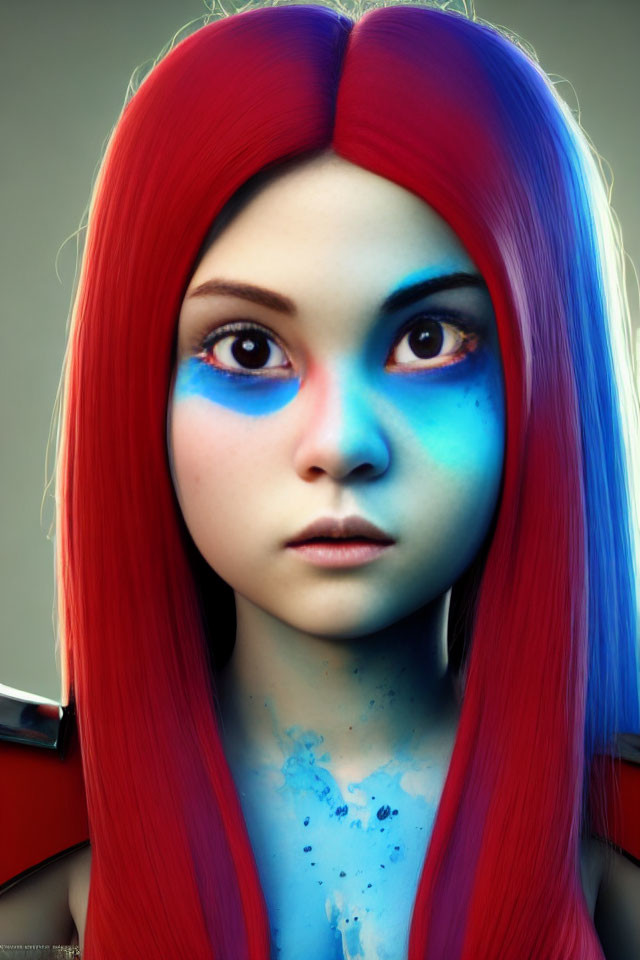 Vibrant digital artwork of female character with red and blue hair and striking blue eyes.