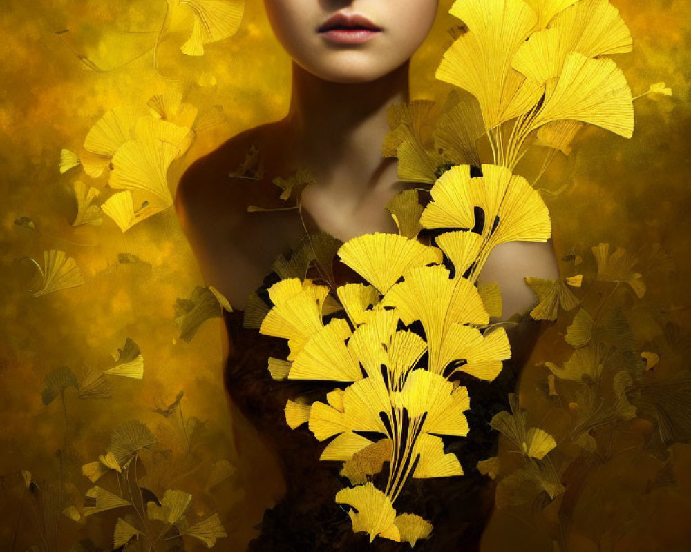Woman portrait with yellow autumn leaves and golden backdrop
