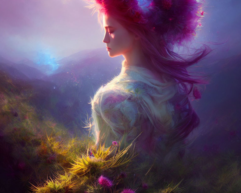 Woman with floral crown in ethereal landscape with flowing hair and purple hues