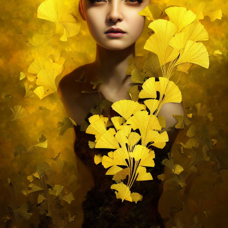 Woman portrait with yellow autumn leaves and golden backdrop