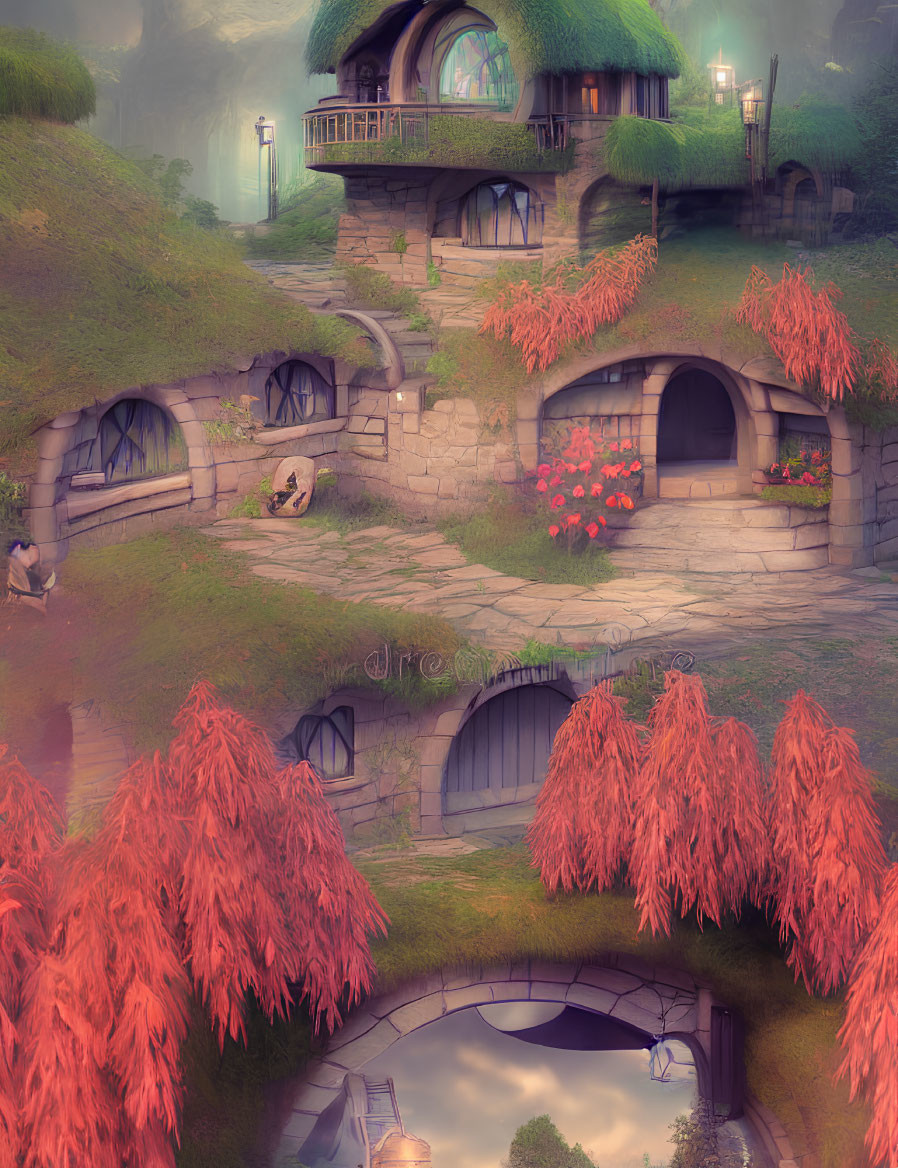 Fantasy landscape with cozy hobbit-like houses and vibrant autumn trees