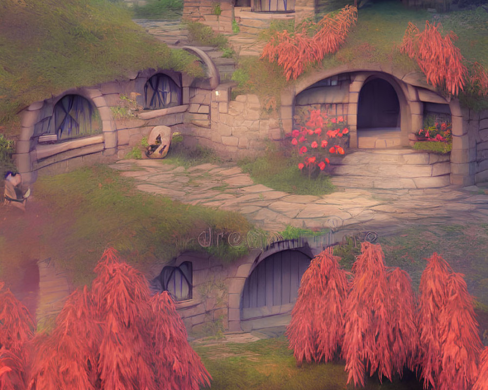 Fantasy landscape with cozy hobbit-like houses and vibrant autumn trees