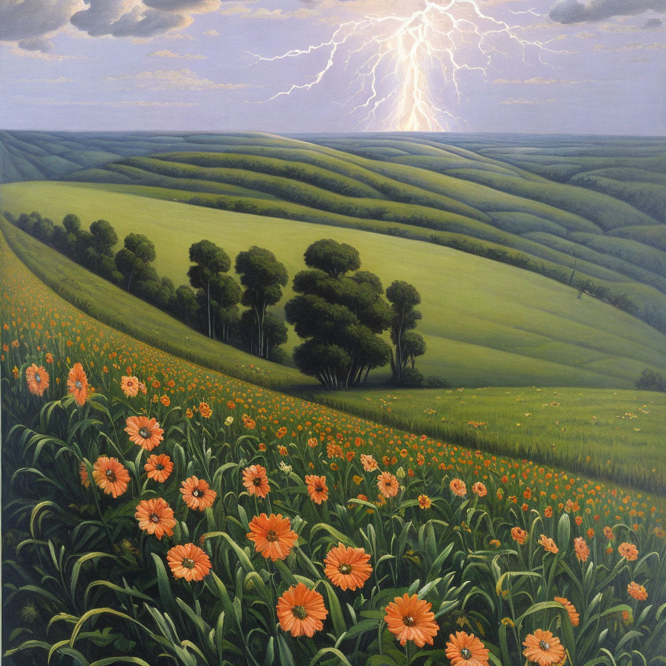 Colorful landscape painting: green fields, trees, flowers, lightning strike