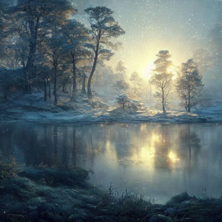 Tranquil Winter Forest with Snowy Sunrise