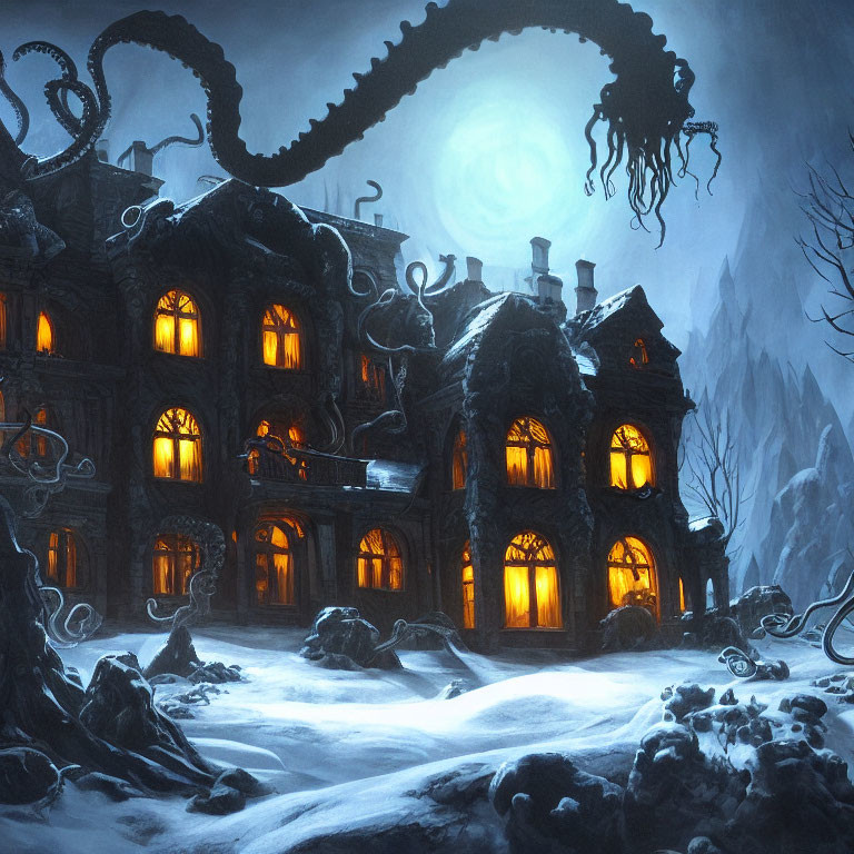 Gothic-style mansion in snow under full moon with eerie tentacles