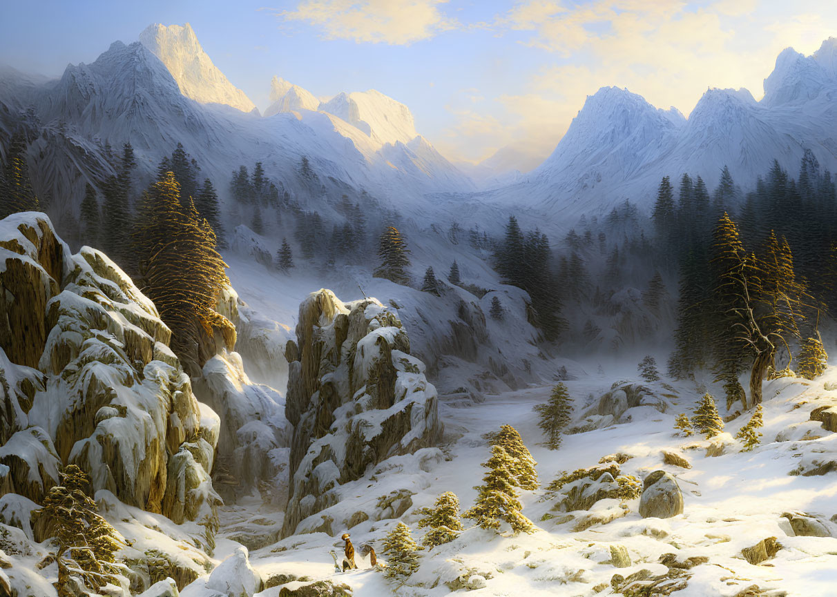 Snowy Mountain Landscape with Hiker and Warm Light