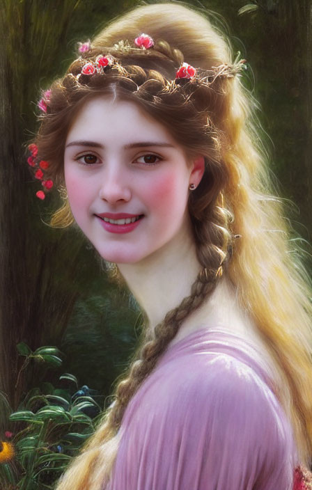 Smiling young woman with braided hair in flower crown and pastel dress against forest backdrop
