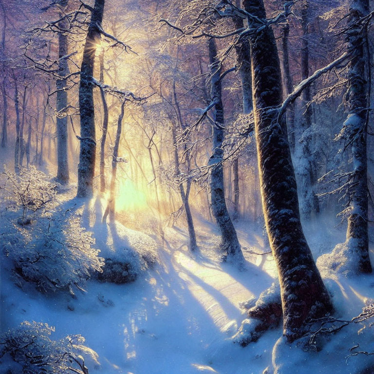 Snowy Winter Forest Scene with Sunlight and Long Shadows