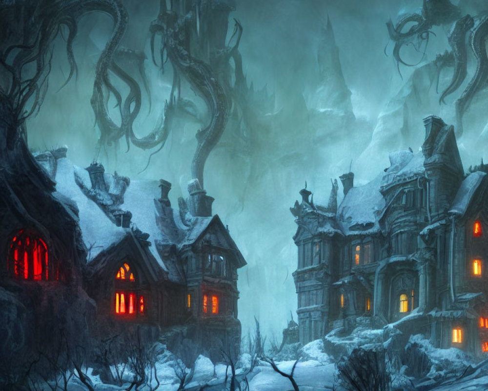 Gothic scene with haunted houses, red glow, mist, twisted trees