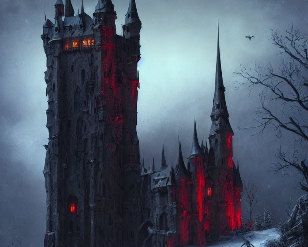 Gothic castle in snowy landscape under red lights