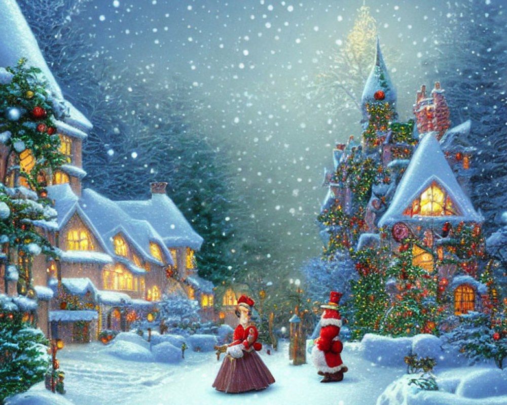 Snowy Winter Village with Snowman, Decorated Houses, and Christmas Tree Gifts