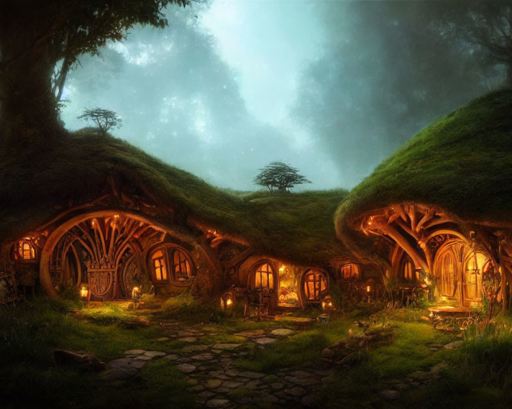 Magical Forest with Cozy Hobbit-Style Houses in Mystical Setting