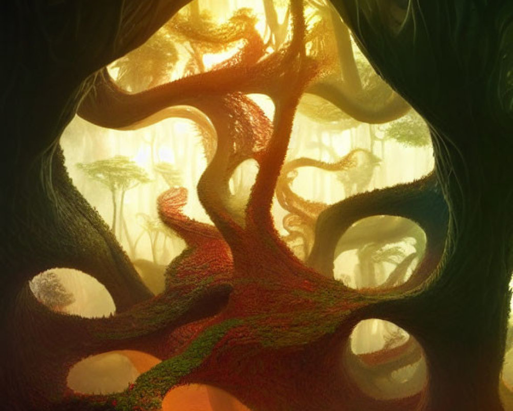 Mystical forest with twisted trees and warm glow