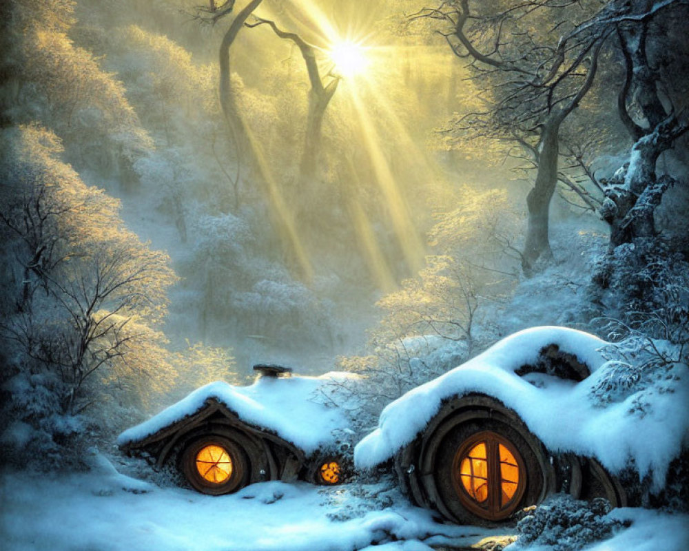Snow-covered hobbit-style houses in enchanted winter forest
