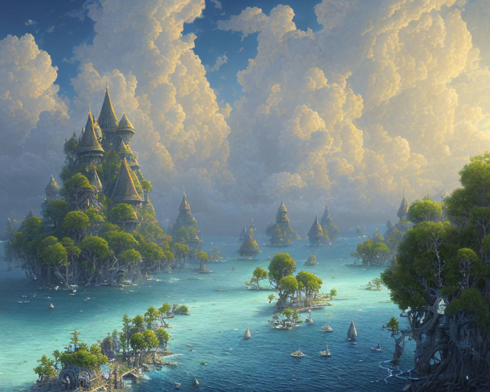 Majestic towers on lush islands in a fantasy landscape