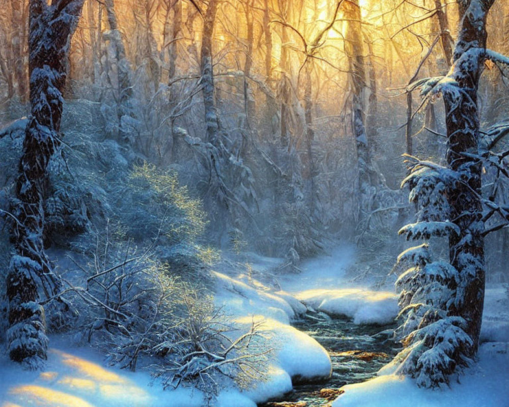 Snow-covered trees and stream in serene winter scene