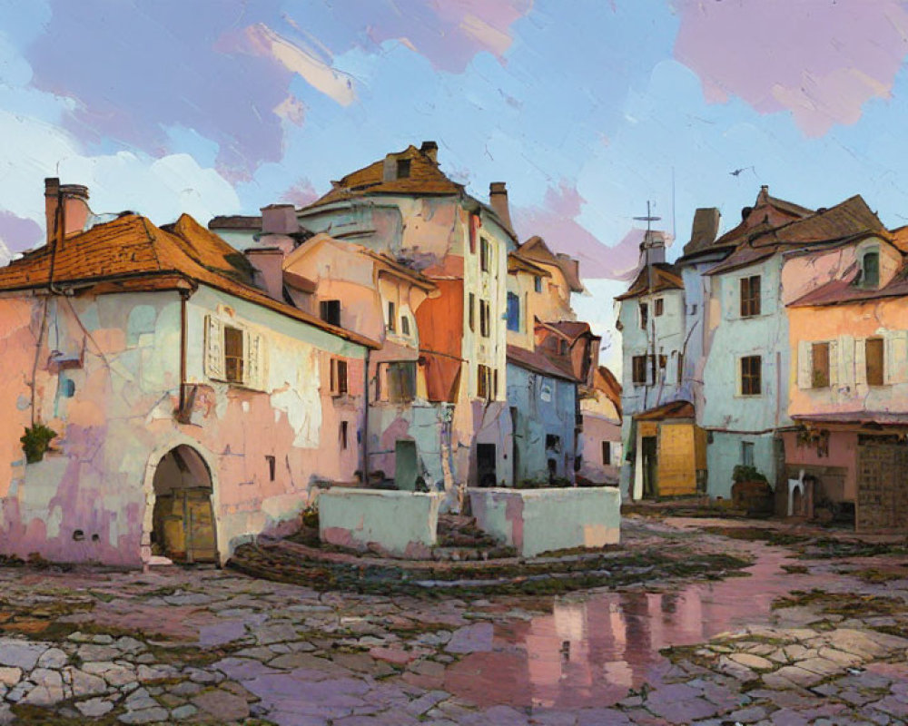 Pastel-colored European buildings around cobblestone square fountain