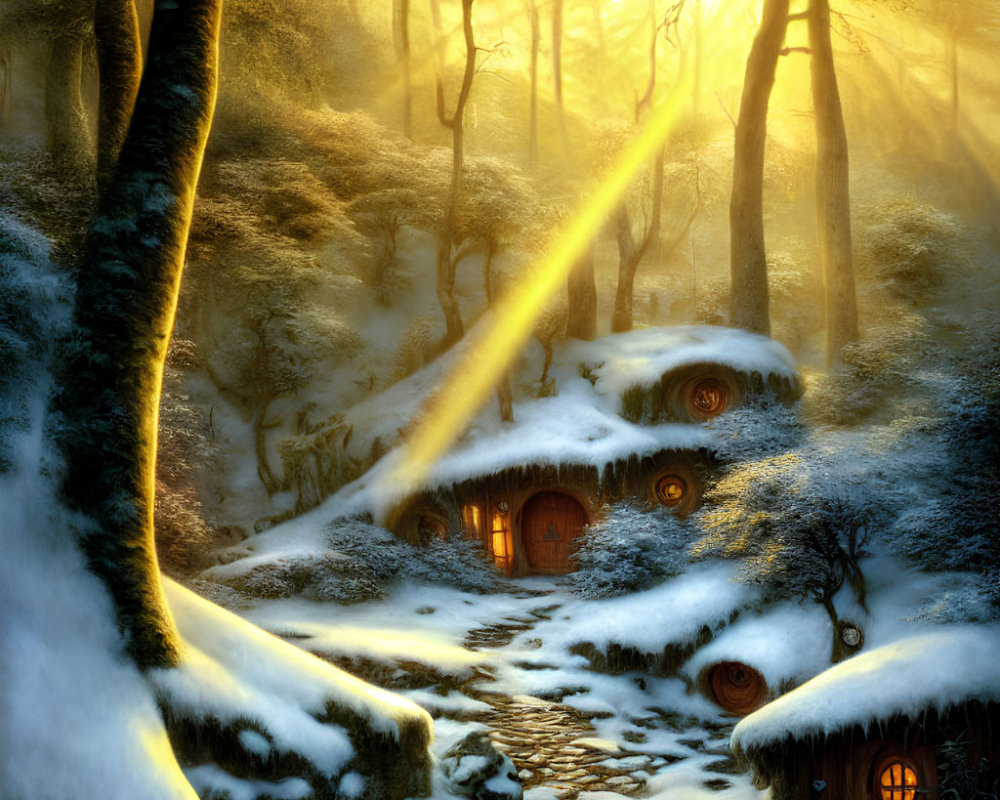 Snowy forest with hobbit-like houses in golden sunlight