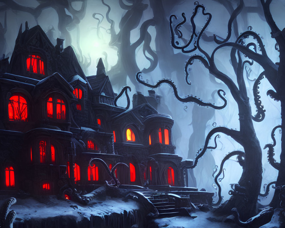 Gothic-style Haunted House with Eerie Red Windows and Twisted Trees