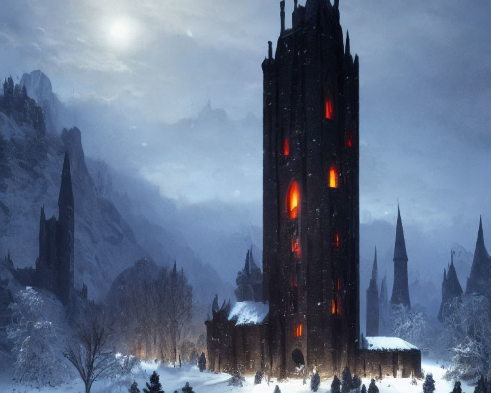 Black Tower with Red Windows in Snowy Landscape and Moonlit Sky