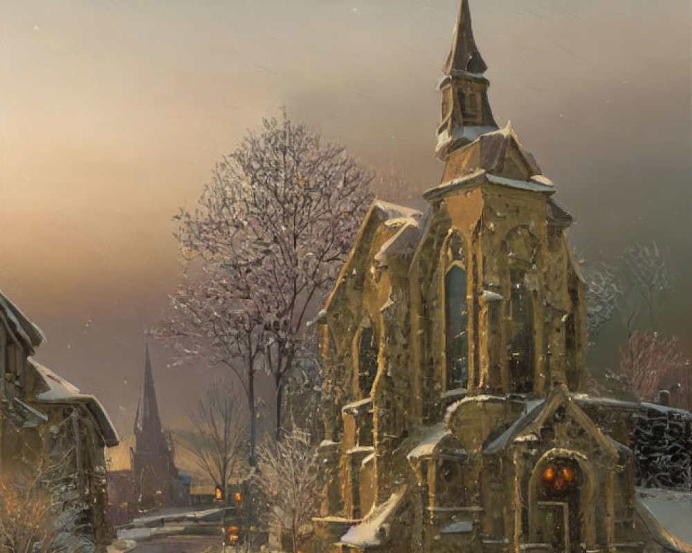 Snow-covered church with warm glowing windows near calm river at dusk