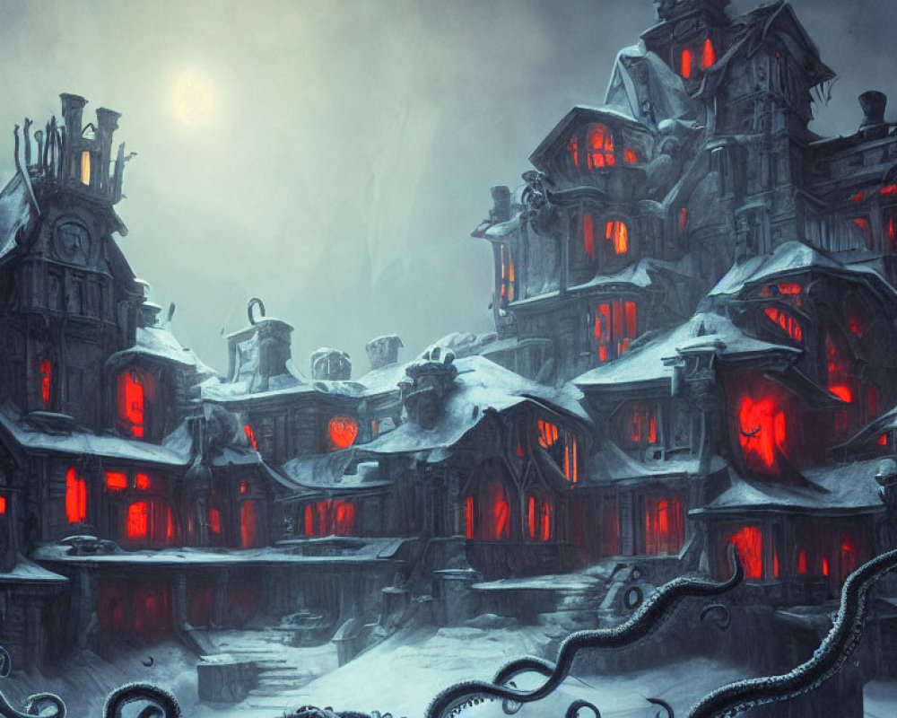 Snow-covered gothic town under full moon with red-lit windows and ominous tentacles.