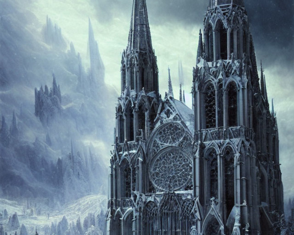 Gothic cathedral in snowy landscape with flying birds at twilight
