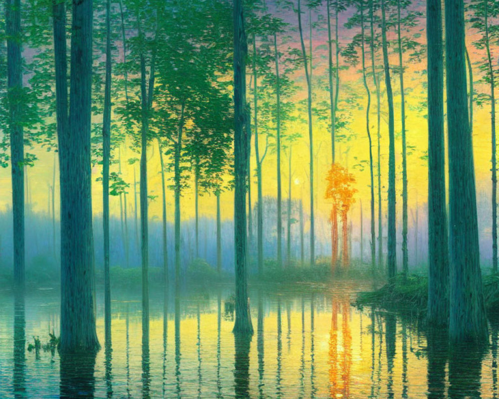 Tranquil forest scene with tall trees in water reflecting sunset hues