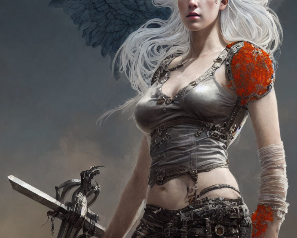 White-haired female warrior with mechanical wings and arm, holding a sword against gray sky
