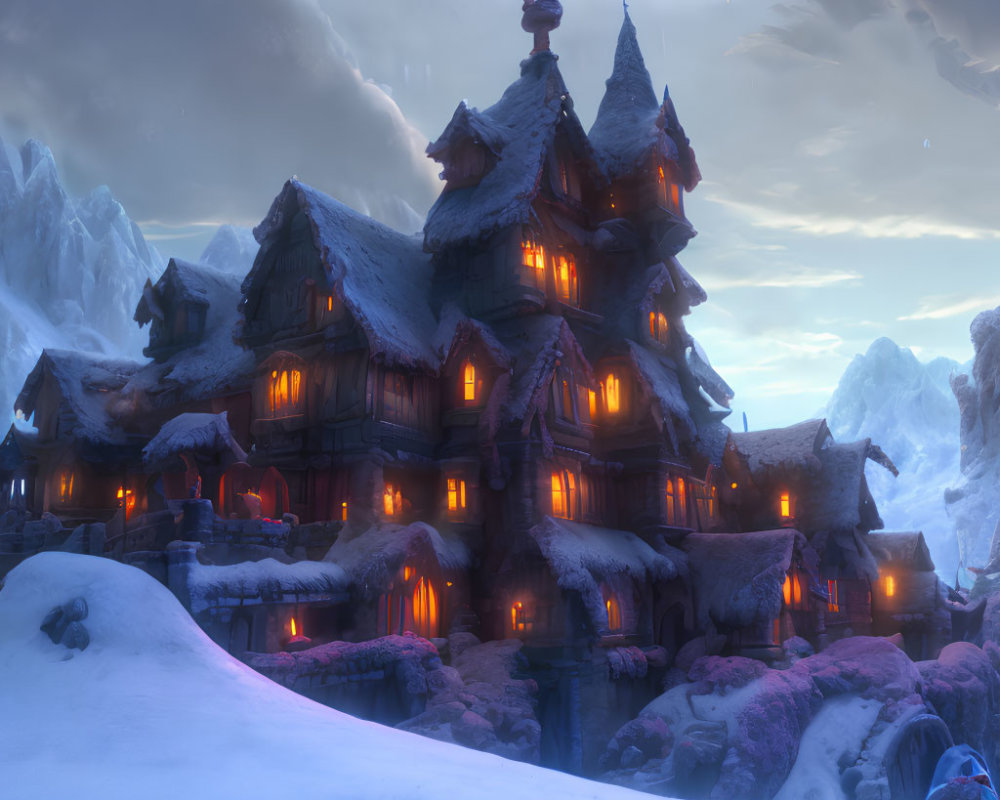 Snowy Twilight Scene: Multi-tiered Wooden Structure in Mountain Landscape