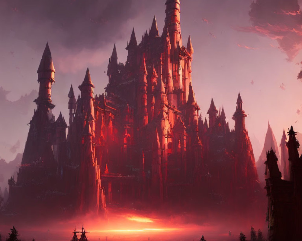Gothic castle at crimson sunset with spires and silhouettes