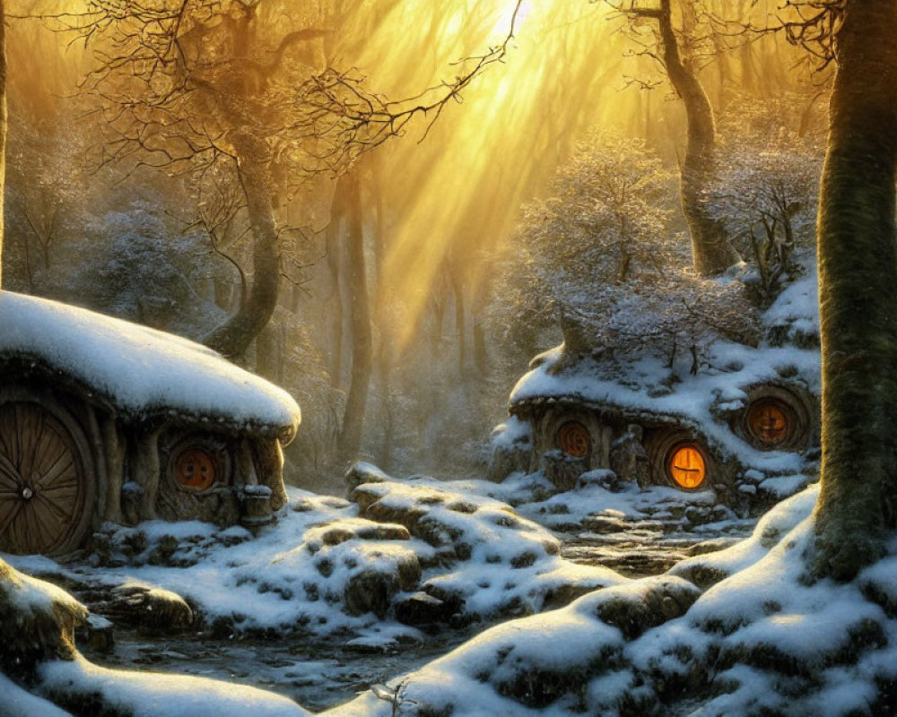 Enchanted snow-covered forest with whimsical hobbit-style houses