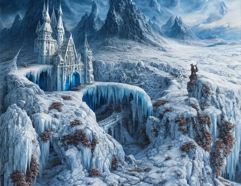 Frozen castle, warrior, waterfalls in icy landscape