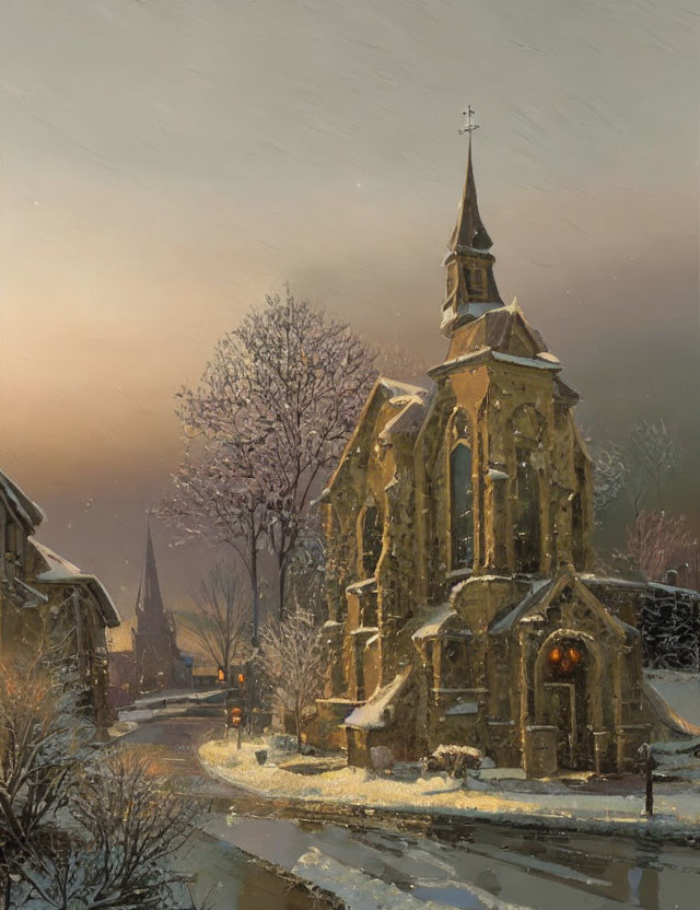 Snow-covered church with warm glowing windows near calm river at dusk