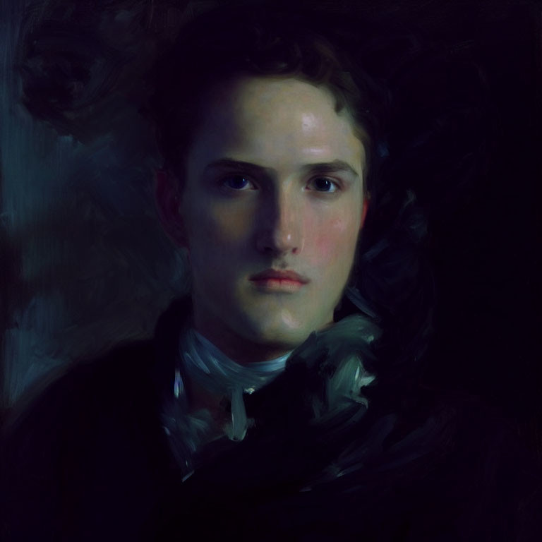Portrait of young person with fair skin and wavy brown hair in dark attire with white collar