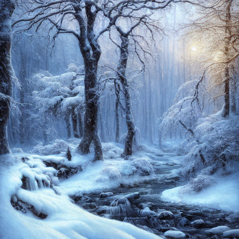 Snow-covered trees and stream in serene winter scene