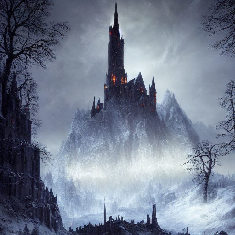 Gothic castle on cliff in wintry landscape at dusk.