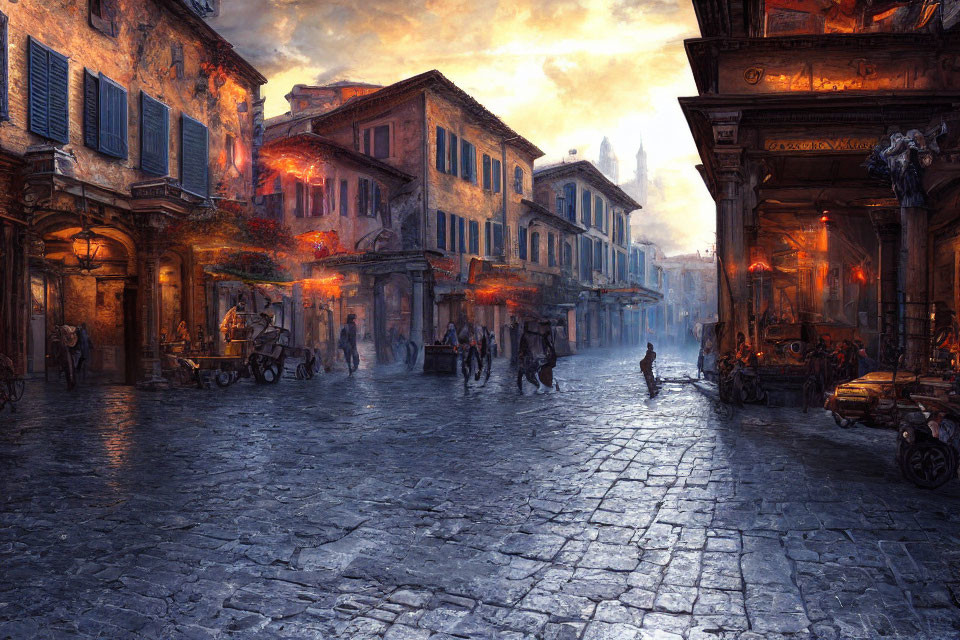 Cobblestone street scene at dusk with glowing windows and carts