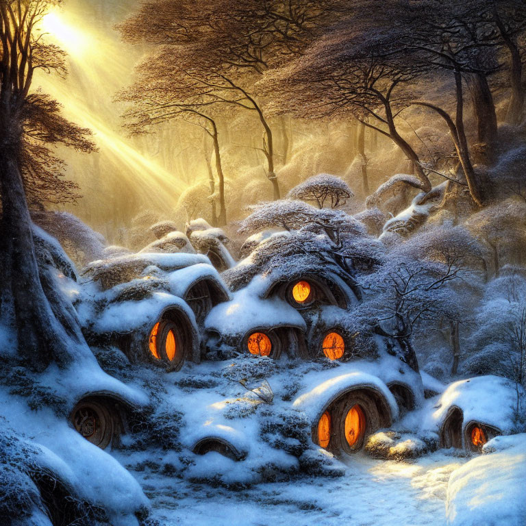 Snowy woodland scene with cozy burrow-like homes and glowing windows in golden sunlight