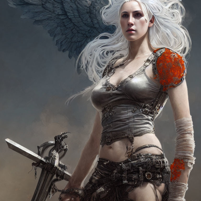 White-haired female warrior with mechanical wings and arm, holding a sword against gray sky