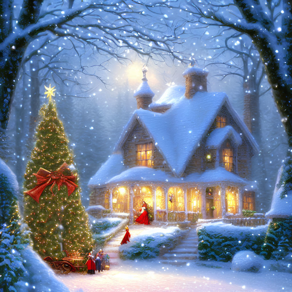 Snow-covered house, Christmas tree, person in red attire in winter scene.