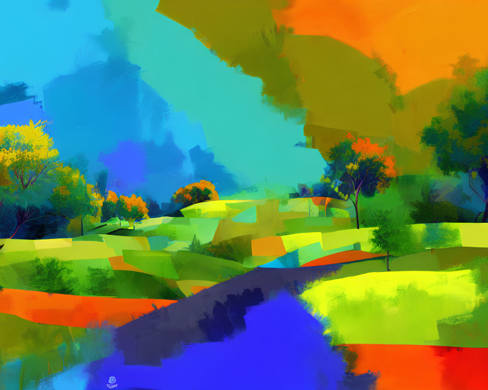 Colorful Abstract Landscape with Trees, Hills, and River