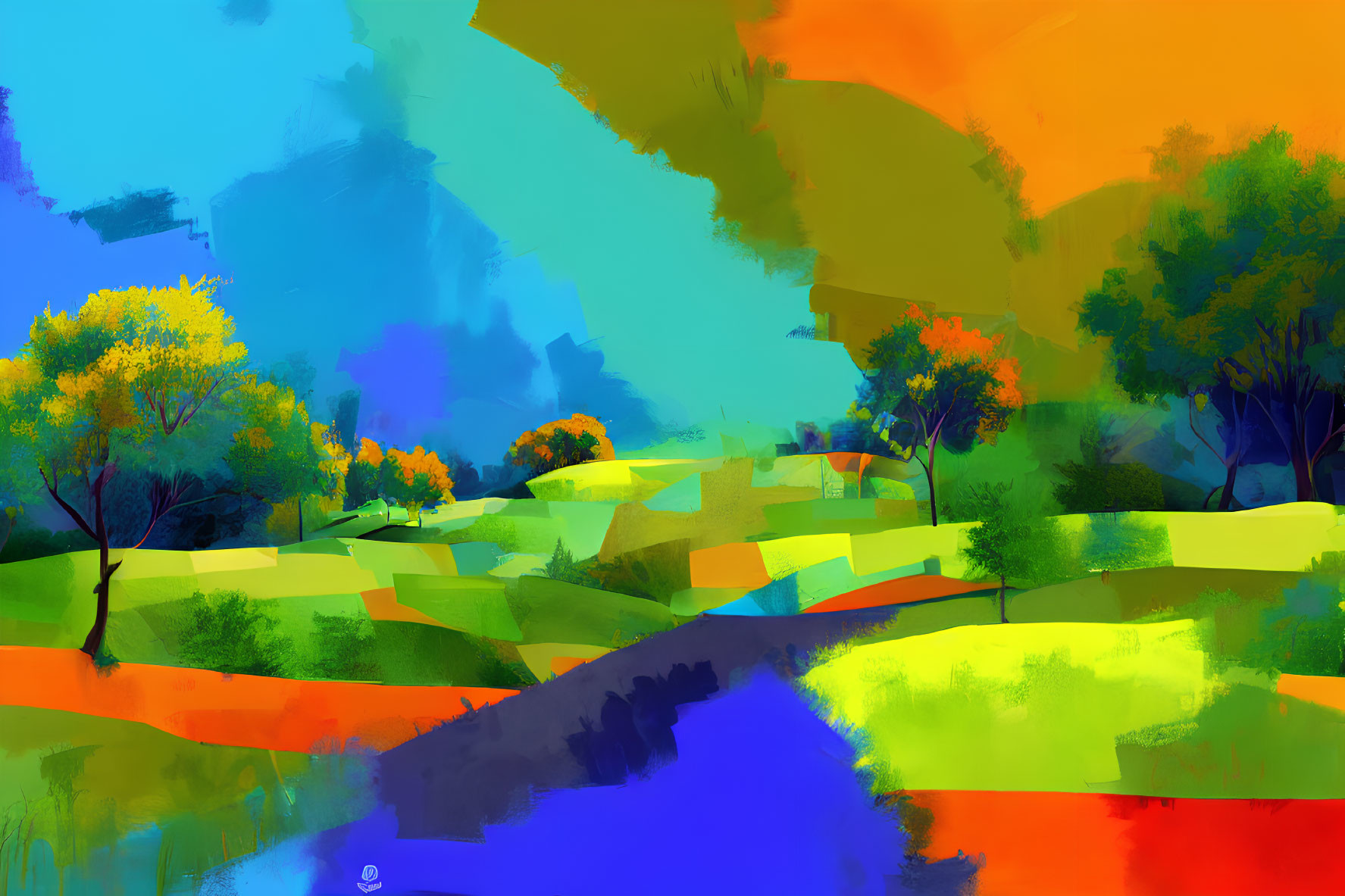 Colorful Abstract Landscape with Trees, Hills, and River