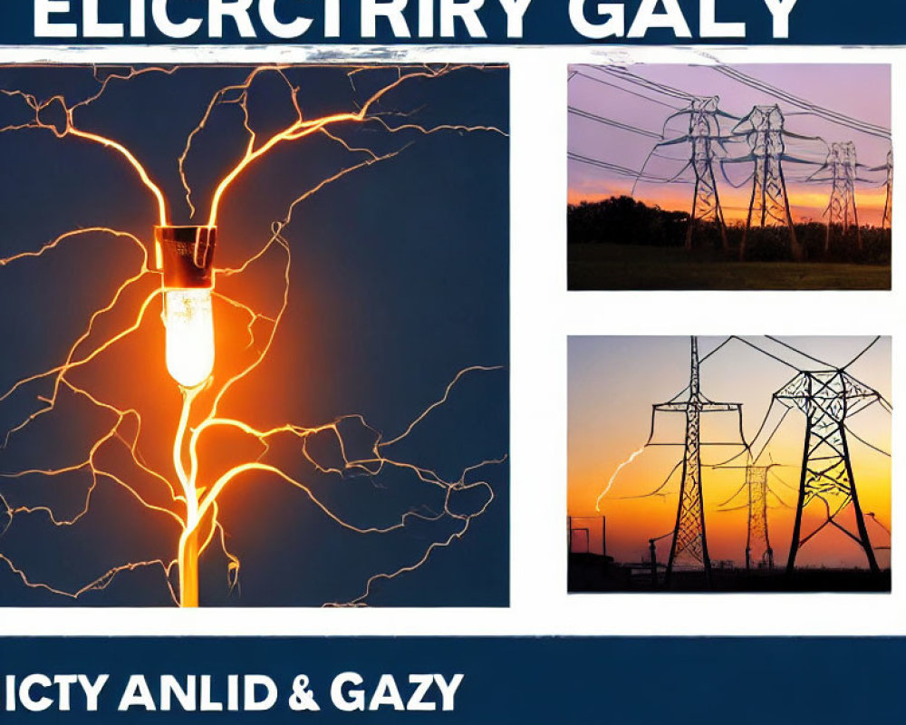 Electricity-themed collage: light bulb with lightning, power lines at sunset, transmission towers. Typos