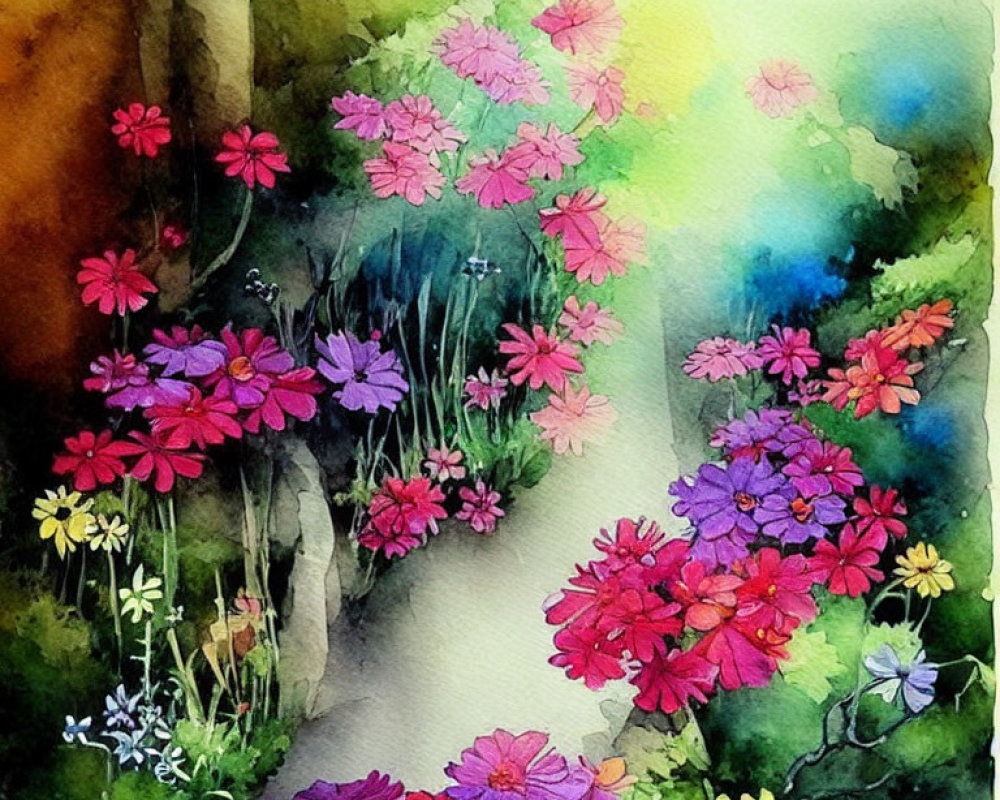 Vibrant Watercolor Painting of Flowers in Dreamy Garden Scene