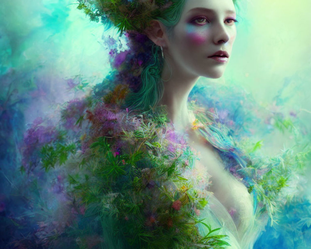 Fantasy portrait of woman with green hair and vibrant flora in dreamlike setting